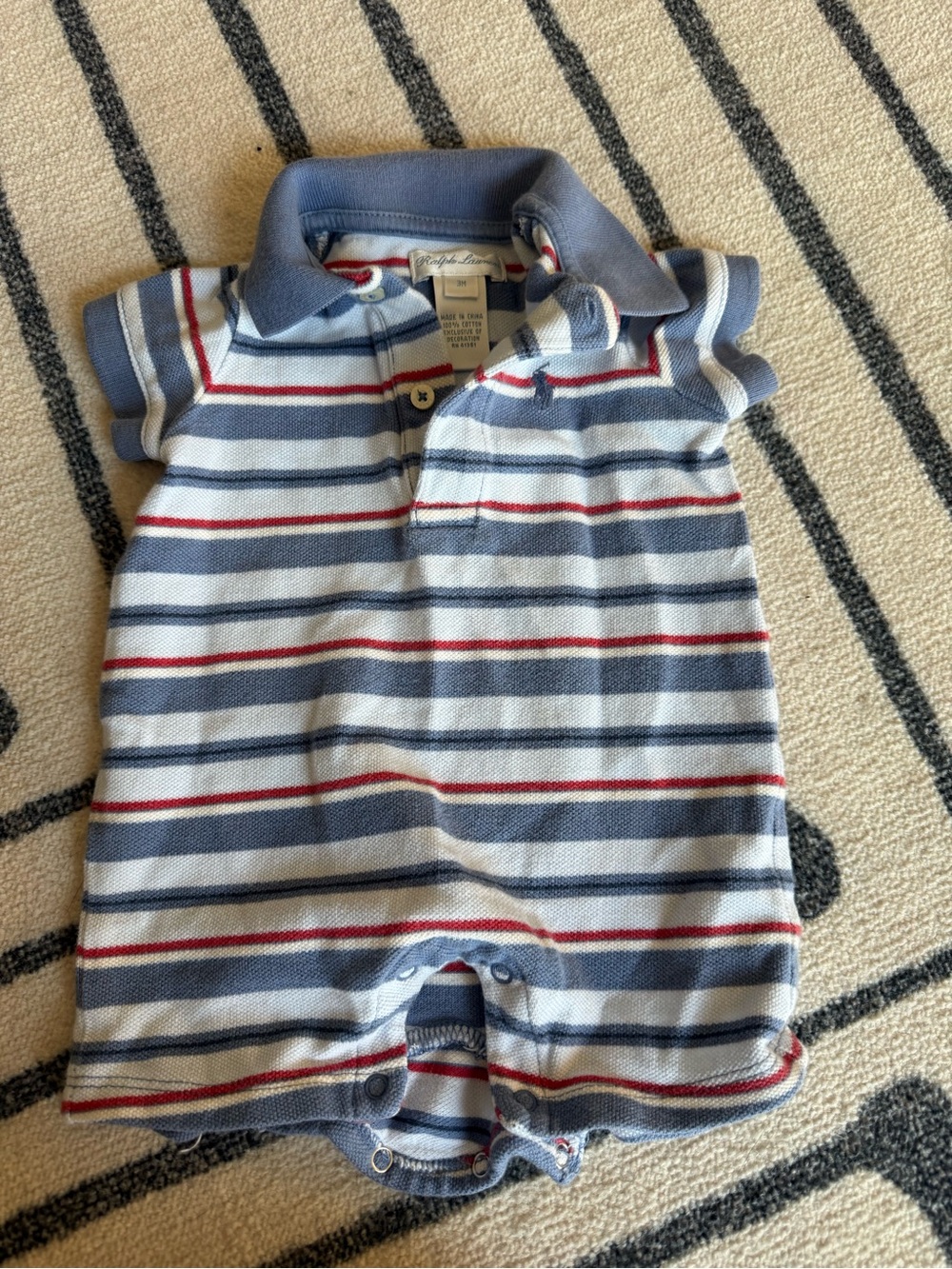 Ralph Lauren Blue, White & Red Striped Polo Baby One-Piece